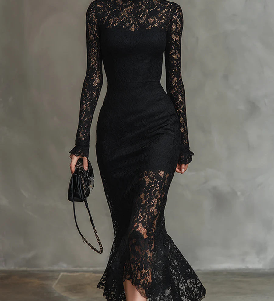 Veronica | Vestido maxi preto em renda