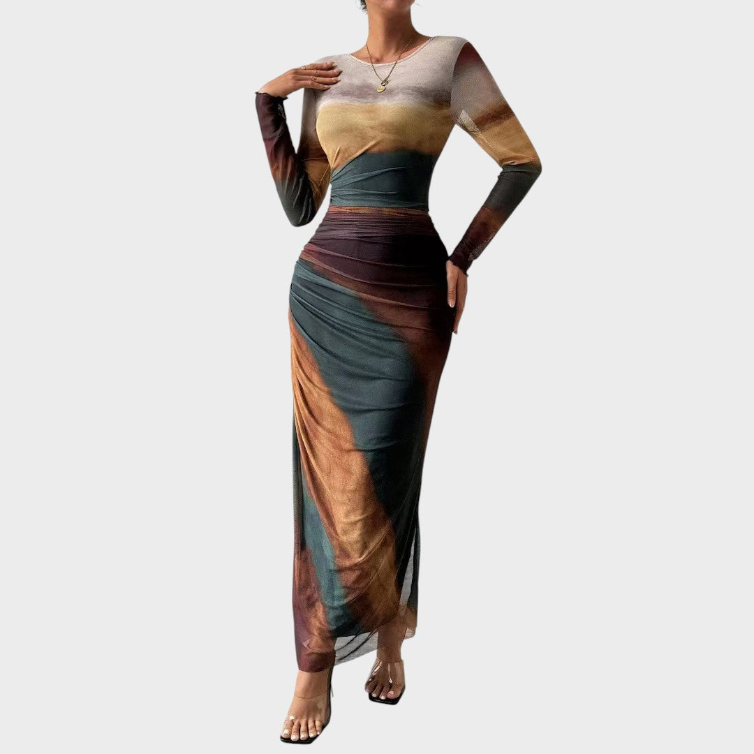 Amélia - Vestido maxi justo com mangas compridas