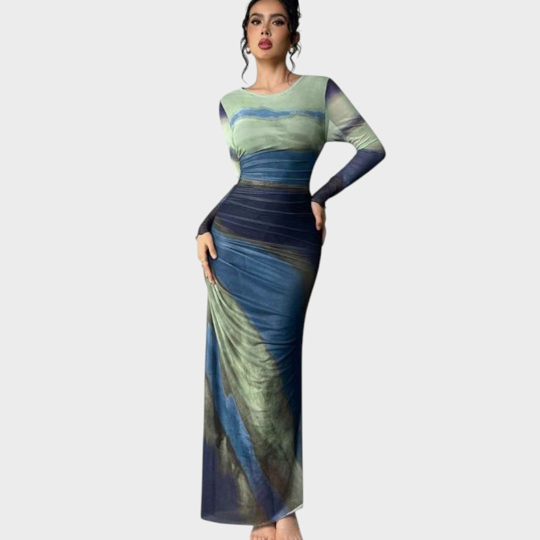 Amélia - Vestido maxi justo com mangas compridas