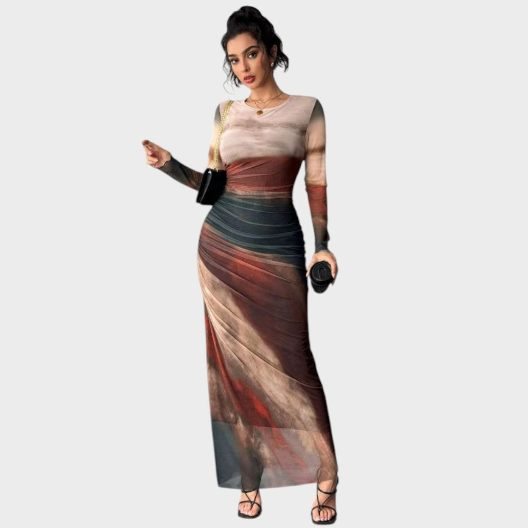 Amélia - Vestido maxi justo com mangas compridas