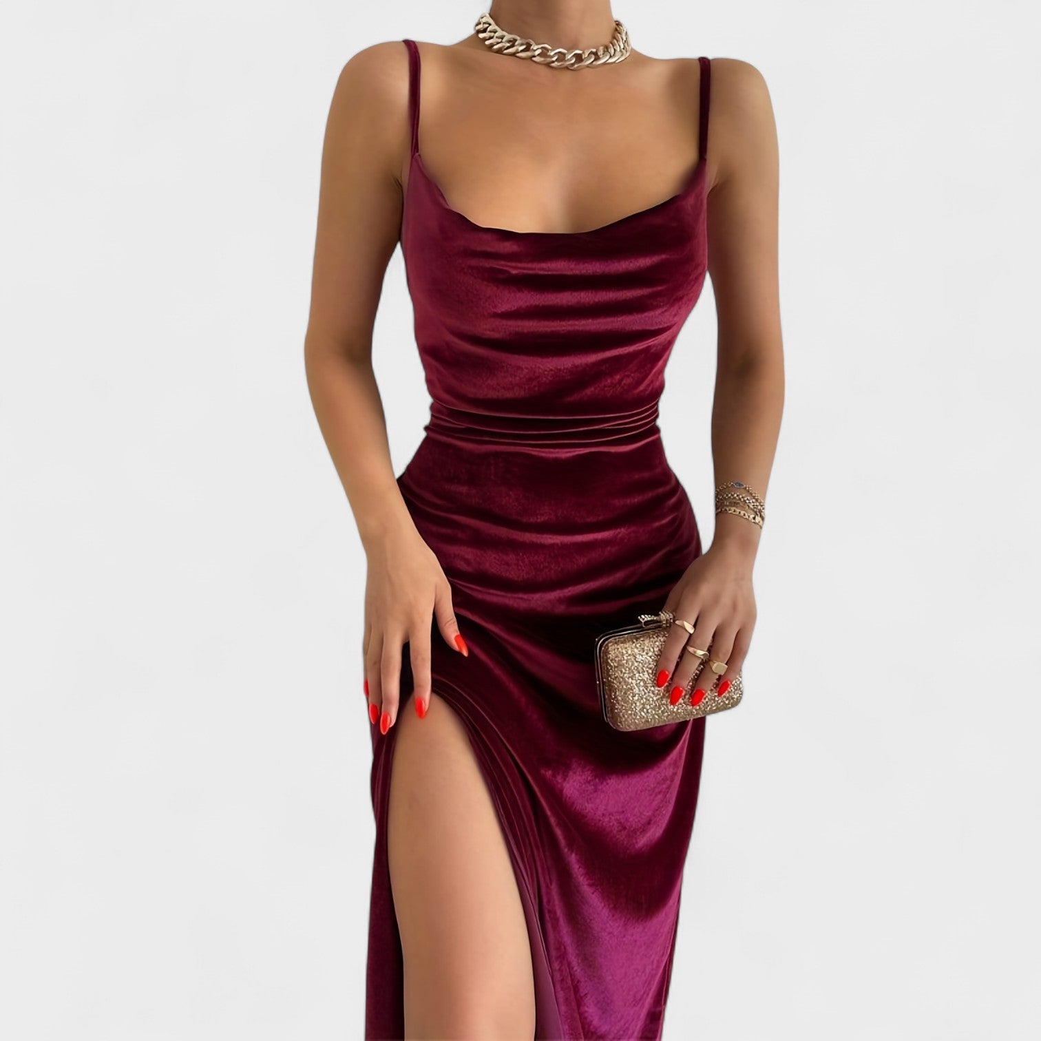 Gabriela - Vestido de veludo com fenda lateral