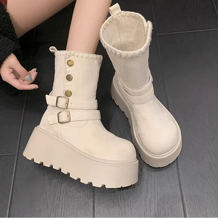 Irene | Botas com plataforma com fivela elegante e forro quente de pelúcia