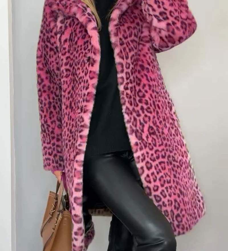 LEIA - Casaco Comprido e Macio Com Padrão Leopardo