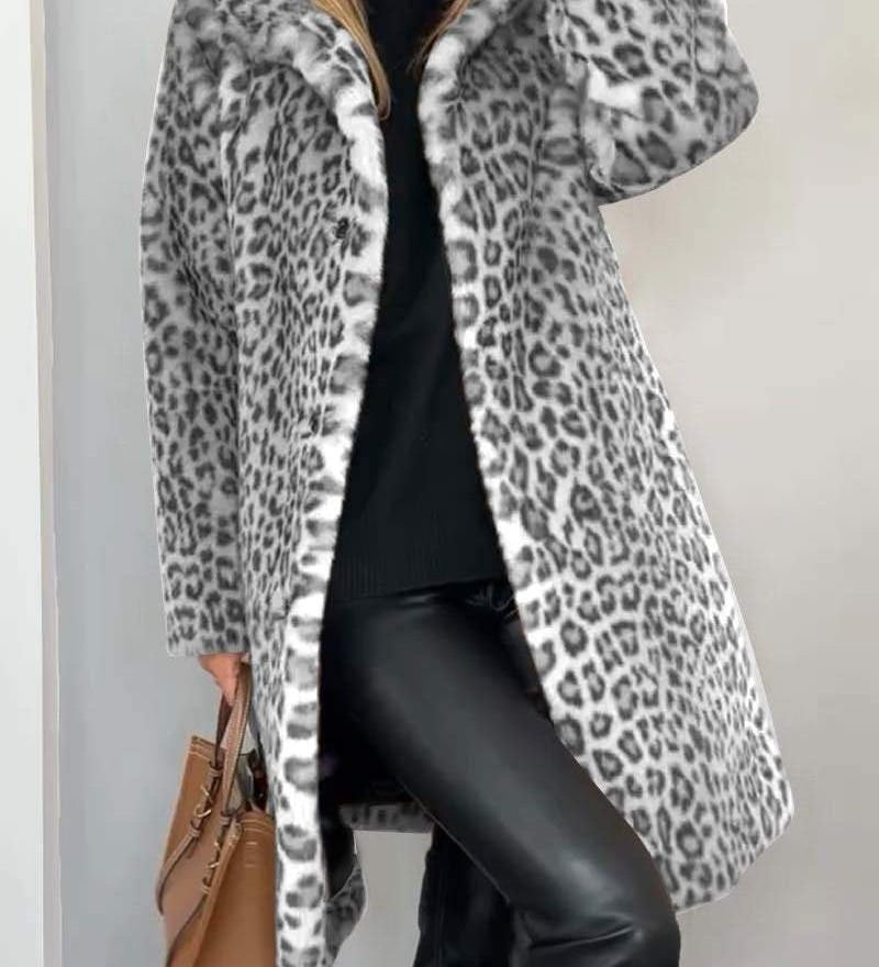 LEIA - Casaco Comprido e Macio Com Padrão Leopardo