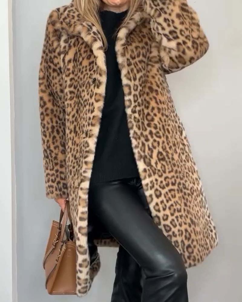 LEIA - Casaco Comprido e Macio Com Padrão Leopardo