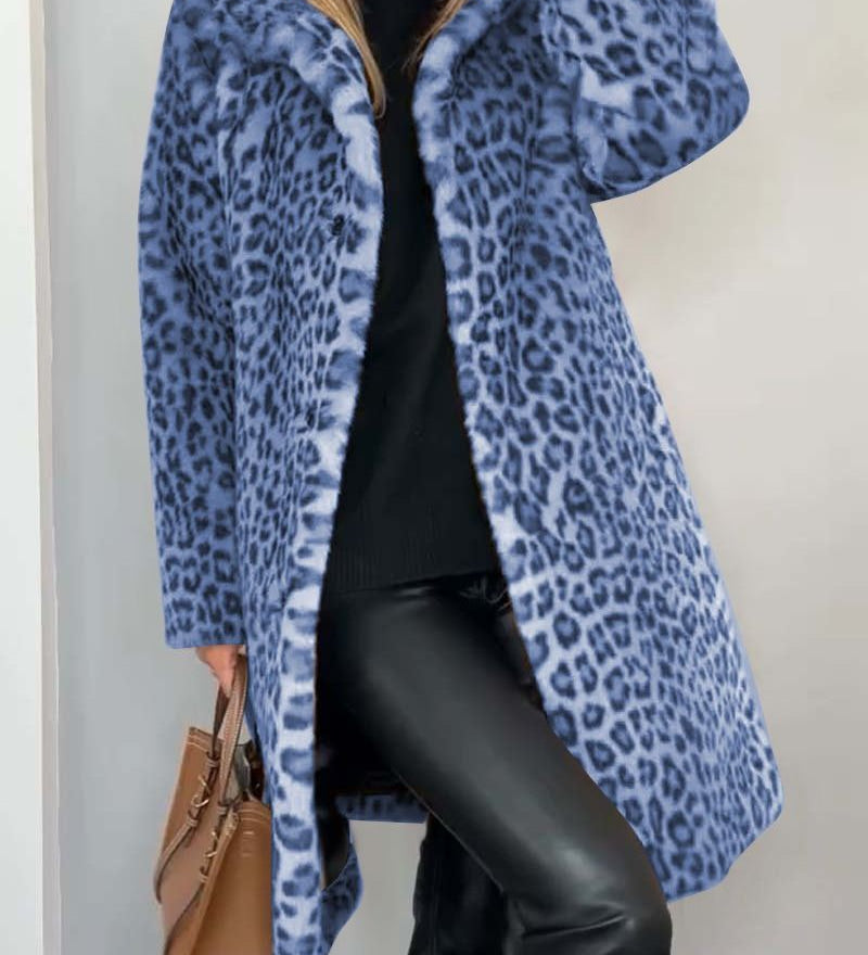 LEIA - Casaco Comprido e Macio Com Padrão Leopardo